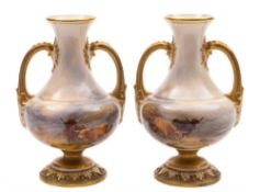 A pair of Royal Worcester vases painted by Harry Stinton: each of two-handled baluster form on