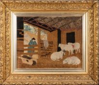 A 19th century wool and silkwork picture: depicting a sheep farmer viewing his sheep in a barn,
