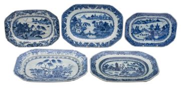 A group of five Chinese blue and white octagonal dishes: painted with traditional garden and pagoda