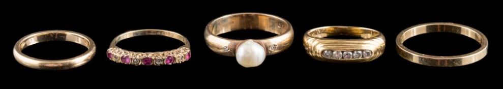 Nine gem set rings: including, a five stone diamond ring,