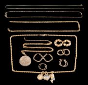 A group of 9 carat gold: including earrings, necklaces, pendants and other items,