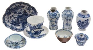 A mixed lot of Chinese blue and white porcelain: including a teapoy and cover, a shaped dish,