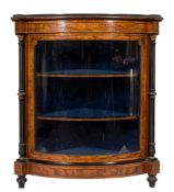 A Victorian walnut, inlaid and ebonised bow-fronted low standing corner display cabinet:,