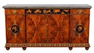 A fine 19th Century French mahogany, ebonised, marquetry and ormolu mounted side cabinet:,