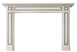 A white marble and verde antico banded fireplace:,