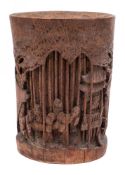 A Chinese carved bamboo brush pot, Bitong: with traditional decoration of a village scene,