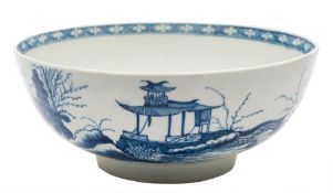 A First Period Worcester blue and white bowl: painted in 'The Precipice' pattern,