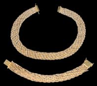 A 585 stamped tri-colour woven necklace together with matching bracelet: approximately 103gms gross