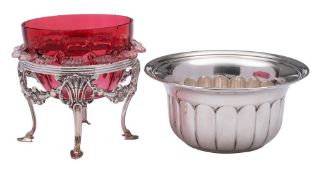 An Edward VII silver stand with cranberry glass bowl, maker Atkin Brothers, Sheffield,