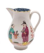A First Period Worcester sparrow beak cream jug: of baluster form with lobed rim and grooved strap
