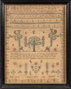 A George III petit-point sampler: with banded upper and lower case alphabets, central verse,