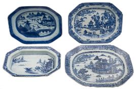 A group of three Chinese blue and white octagonal meat dishes together with a deep dish/tureen