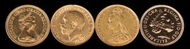 A gold full sovereign: 2010, in a plastic case; three further full sovereigns, 1892, 1911 and 1980,