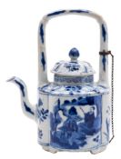 A Chinese blue and white wine pot and cover: of quatrelobed form with overhead handle and slender