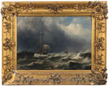 Dutch School Circa 1800- Ships approaching a harbour in stormy seas,:- oil on panel, 33 x 46cm.