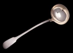 A Victorian silver Fiddle and Thread pattern soup ladle, maker's mark worn, London, 1854: 34cm.