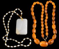 An ambroid bead single-string necklace: and a rectangular panel pendant on bead necklace.
