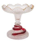 A Bohemian clear glass comport:: of pedestal form with castellated rim and with textured crizzled