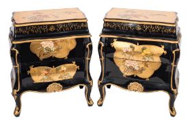 A pair of contemporary black and gilt chinoiserie lacquer dwarf cabinets:,