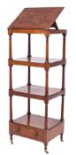 A George III mahogany four tier whatnot: with a hinged adjustable rachetted top fitted with a ledge