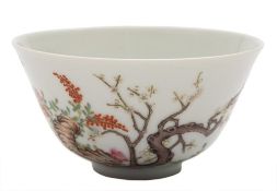 A small Chinese famille rose flared bowl: painted with sheep in a continuous landscape with