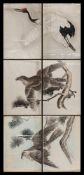 A large Japanese woodblock print in two parts: depicting a flying crane, 94 x 130,