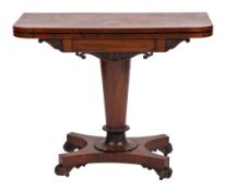 A Victorian rosewood rectangular card table:, the baize lined hinged top with rounded corners,