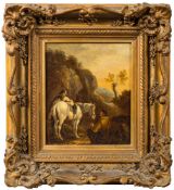 English School Circa 1800- Travellers resting in a pass,:- oil on panel, 20 x 16.5cm.