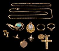 A group of gold coloured jewellery: including, a 9 carat gold heart pendant, set with a carnelian,