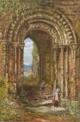 Margaret Rayner [1837-1920]- Children gathering flowers in an abbey ruin,:- signed,