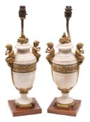 A pair of 19th century white marble and ormolu mounted table lamps: the neo-classical shaped urns
