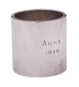 A George V silver napkin ring, maker Goldsmiths & Silversmiths Co Ltd, London, 1935: inscribed,