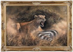 * Ian Nathan [b.1954]- The Kill,:- signed bottom right oil on canvas, 60 x 90cm.