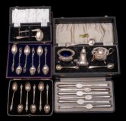 A mixed lot of cased silver wares, various makers and dates: includes condiment set, coffee spoons,