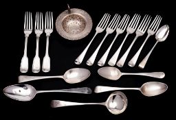 A mixed collection of silver flatwares, various makers and dates: including nine dessert forks,