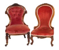 A Victorian carved walnut nursing chair:,
