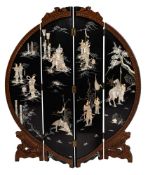 A contemporary Japanese black lacquer and mother of pearl circular four fold screen:,