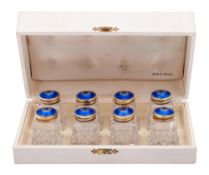 A cased set of eight Norwegian silver and enamel pepperettes:, stamped marks,