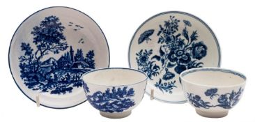 Two First Period Worcester blue and white teabowls and saucers together with a Barr Worcester tea