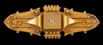 A Victorian 15ct gold and diamond-set bar brooch: the reverse with glazed compartment,