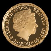 A Royal Mint 2008 proof Britannia quarter ounce £25 coin: in perspex case and fitted box together