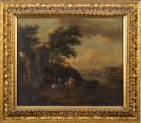 Attributed to Pieter Wouvermann [1623-1682]- Travellers with dogs and other figures beside a ruin