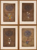 A set of four Indian paintings on parcel stamps: each depicting a different musician,