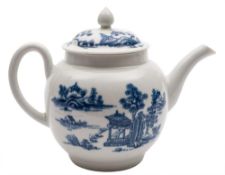 A First Period Worcester blue and white teapot and cover: of globular form with pointed finial and