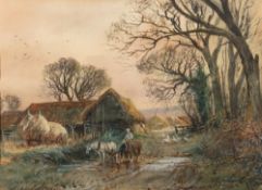 Henry Charles Fox [1855-1929]- Autumn scene with sheep and farmer;