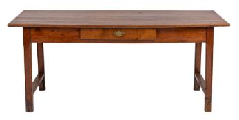 A 19th Century French fruitwood farmhouse table:, with a rectangular overhanging plank top,