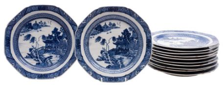 A set of twelve Chinese blue and white plates: of rounded octagonal form,