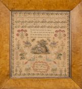 An early Victorian needlework sampler: with banded upper and lower case alphabets, central verse,
