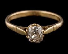 A diamond single-stone ring: the oval shaped old cut diamond, estimated to weigh 0.