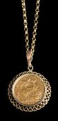 A full sovereign pendant: dated 1905 mounted within a frame as a pendant on 9 carat gold chain,16.
